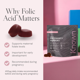 Folic acid supplements with packaging labeled 'Known' on a pink background